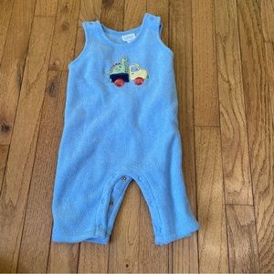 VINTAGE TYKES BLUE FLEECE DINOSAUR TRUCK GRAPHIC OVERALLS SIZE 3/6 MONTHS